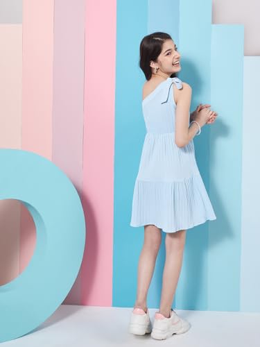 Pspeaches Chic Girl's Striped One Shoulder Crepe Fit & Flare SKU Blue Trendy Dress (14-15Years) - Image 4