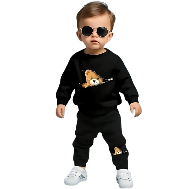 Fommy Cotton Baby Clothing Set - Cute Teddy Bear T-Shirt & Pant Outfit for Boys & Girls | Perfect Baby Dress, T-Shirt & Pants Combo | Stylish Baby Wear (Black Zipped Bear, 2-3 Year), Printed