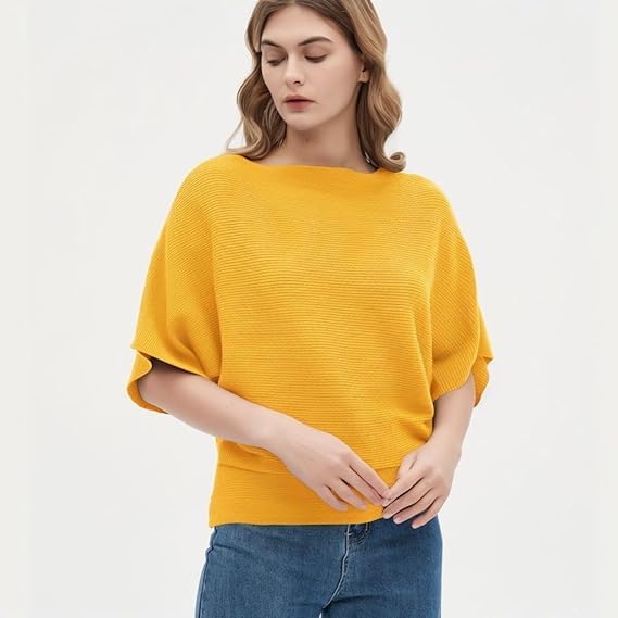 Zilcon Women Fashion Ribbed Batwing Sleeves Bagy Balloon Style Fit Top for Women t Shirts Women Formal, Casual, Office, Date, Outing, Party Tops (in, Alpha, L, Regular, Yellow) - Image 2