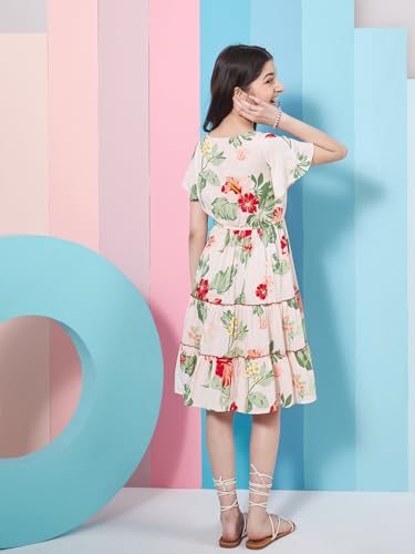 Pspeaches Girl's Floral Printed Flared Sleeves Knee-Length Tiered Fit & Flare Dress Casual Wear Stylish & Trendy Choice (8-9Years) Multicolour - Image 4