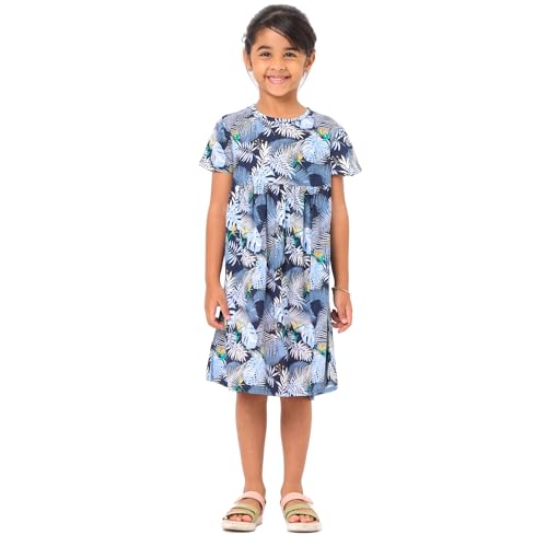 Nuego Pure Cotton Girls Dresses with Floral Print, Short Sleeves & Round Neck Midi Dress for Kids Girls Casual Frock, Ultra Soft & Comfortable Girls Dress for 4-5 Years - Blue