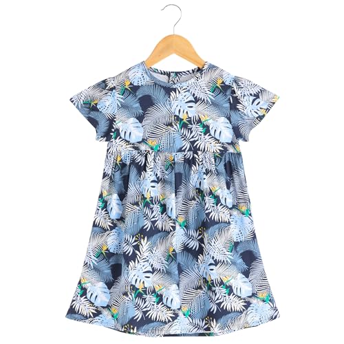 Nuego Pure Cotton Girls Dresses with Floral Print, Short Sleeves & Round Neck Midi Dress for Kids Girls Casual Frock, Ultra Soft & Comfortable Girls Dress for 4-5 Years - Blue - Image 2