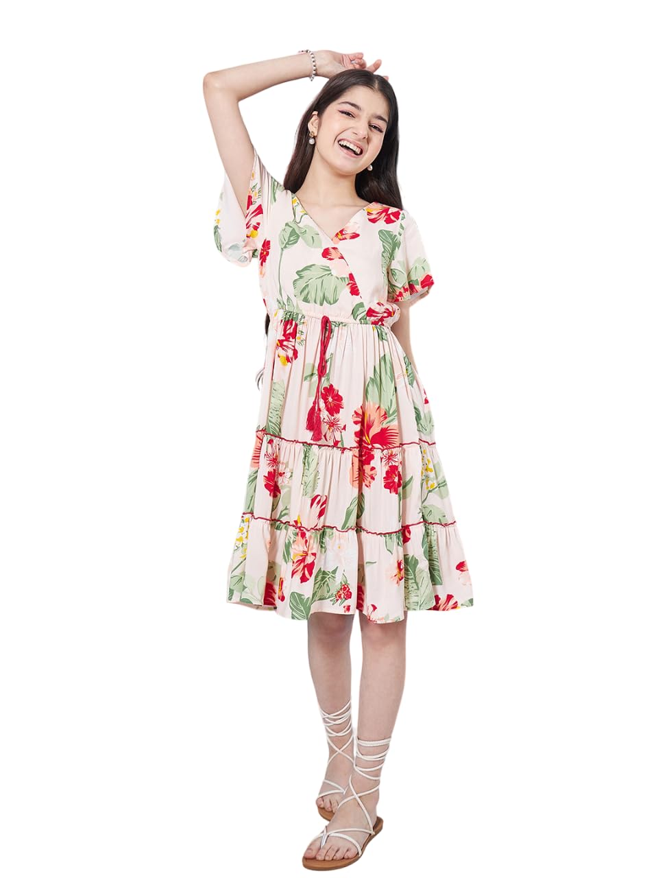 Pspeaches Girl's Floral Printed Flared Sleeves Knee-Length Tiered Fit & Flare Dress Casual Wear Stylish & Trendy Choice (8-9Years) Multicolour