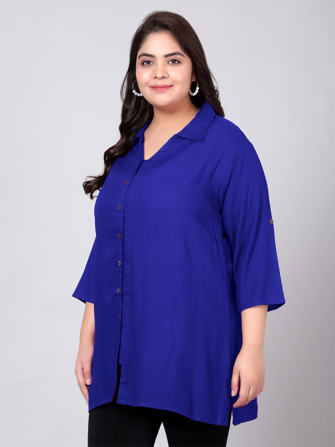 Indietoga Women's Plus Size Casual Rayon Longline Shirt Tops (P10001455_Blue Solid_6Xl, Tunic Shirt) - Image 4