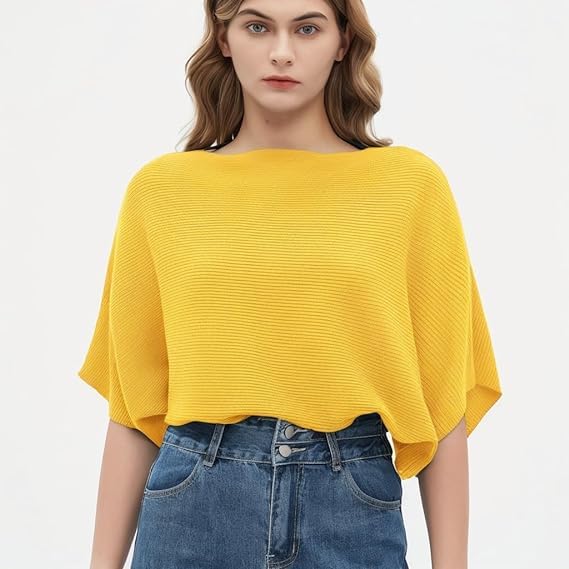 Zilcon Women Fashion Ribbed Batwing Sleeves Bagy Balloon Style Fit Top for Women t Shirts Women Formal, Casual, Office, Date, Outing, Party Tops (in, Alpha, L, Regular, Yellow) - Image 4