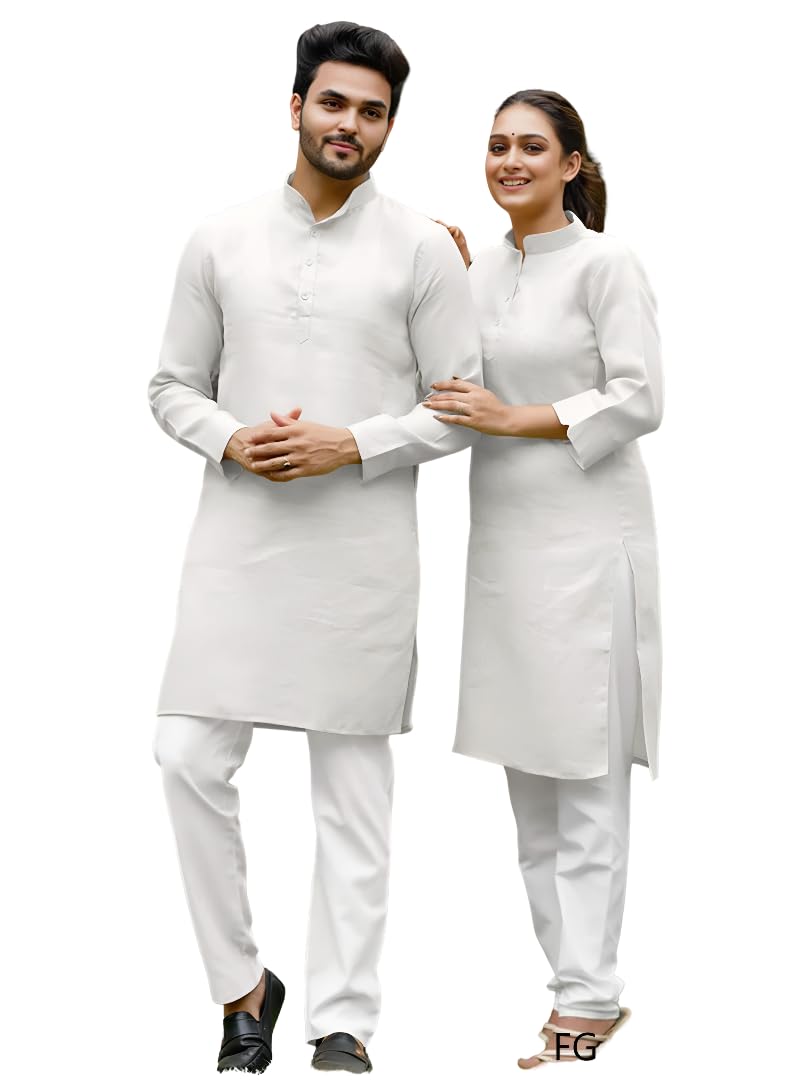 Fashion Galleria Cotton Blend Fabric Mens and Womens Kurta and Couple Kurti Dress 2 pcs Combo (White, Men - XXL/Women - L)