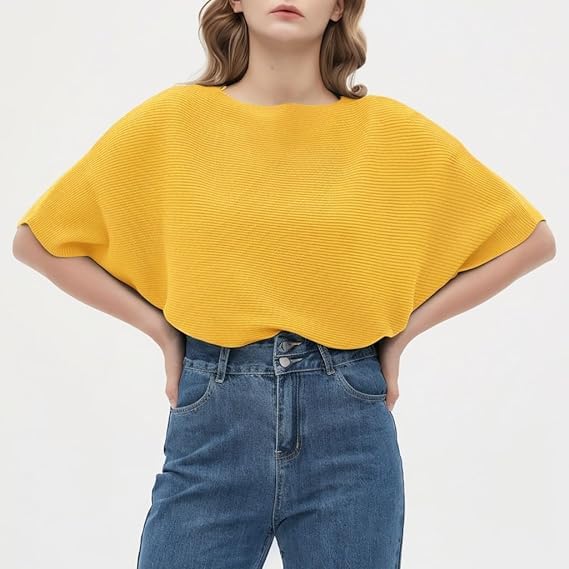 Zilcon Women Fashion Ribbed Batwing Sleeves Bagy Balloon Style Fit Top for Women t Shirts Women Formal, Casual, Office, Date, Outing, Party Tops (in, Alpha, L, Regular, Yellow) - Image 3