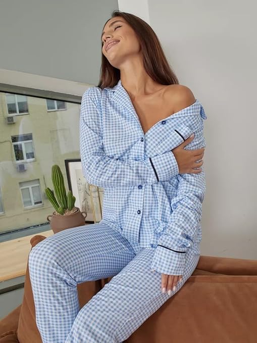 Couple Nightsuit | 100% Cotton Nightdress | Gifting Couple Dress | Super Soft | Husband wife Nighwear | Summer Coords | Travel outfit | Matching Sleepwear (White and Blue Checks, Men L Women S) - Image 3