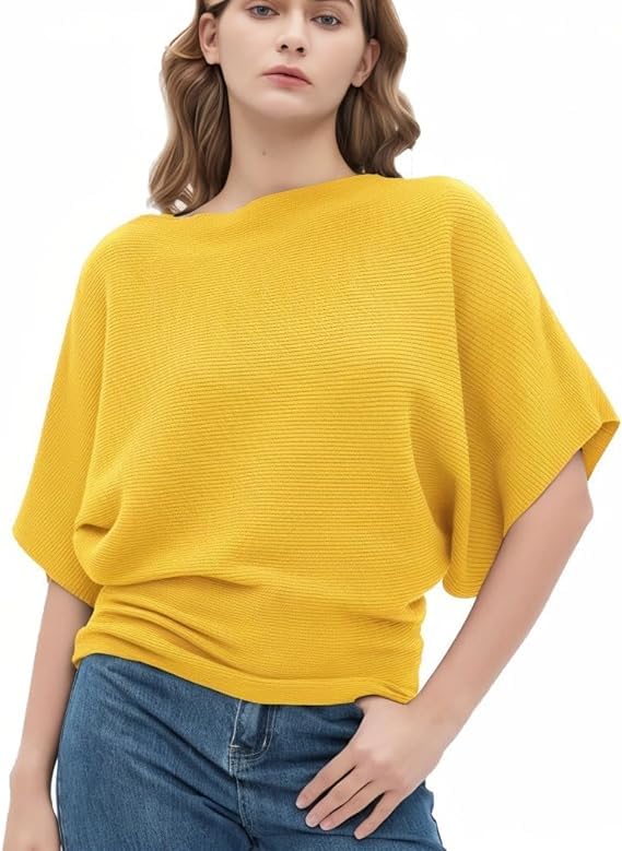 Zilcon Women Fashion Ribbed Batwing Sleeves Bagy Balloon Style Fit Top for Women t Shirts Women Formal, Casual, Office, Date, Outing, Party Tops (in, Alpha, L, Regular, Yellow)