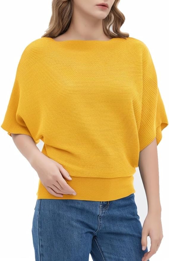 Zilcon Women Fashion Ribbed Batwing Sleeves Bagy Balloon Style Fit Top for Women t Shirts Women Formal, Casual, Office, Date, Outing, Party Tops (in, Alpha, L, Regular, Yellow) - Image 5