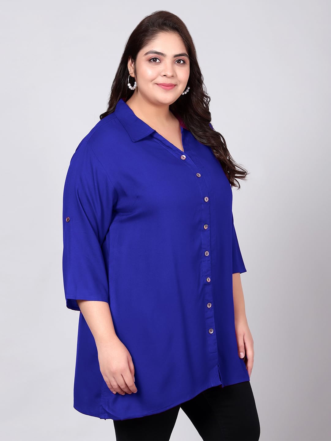 Indietoga Women's Plus Size Casual Rayon Longline Shirt Tops (P10001455_Blue Solid_6Xl, Tunic Shirt) - Image 2