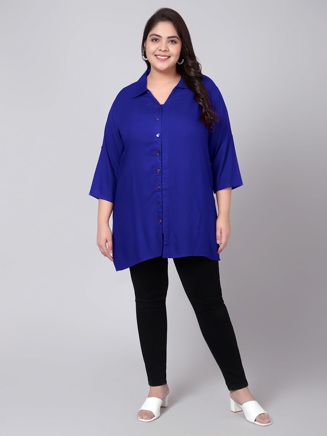 Indietoga Women's Plus Size Casual Rayon Longline Shirt Tops (P10001455_Blue Solid_6Xl, Tunic Shirt) - Image 3