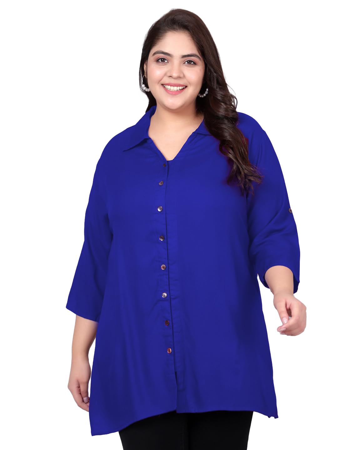 Indietoga Women's Plus Size Casual Rayon Longline Shirt Tops (P10001455_Blue Solid_6Xl, Tunic Shirt)