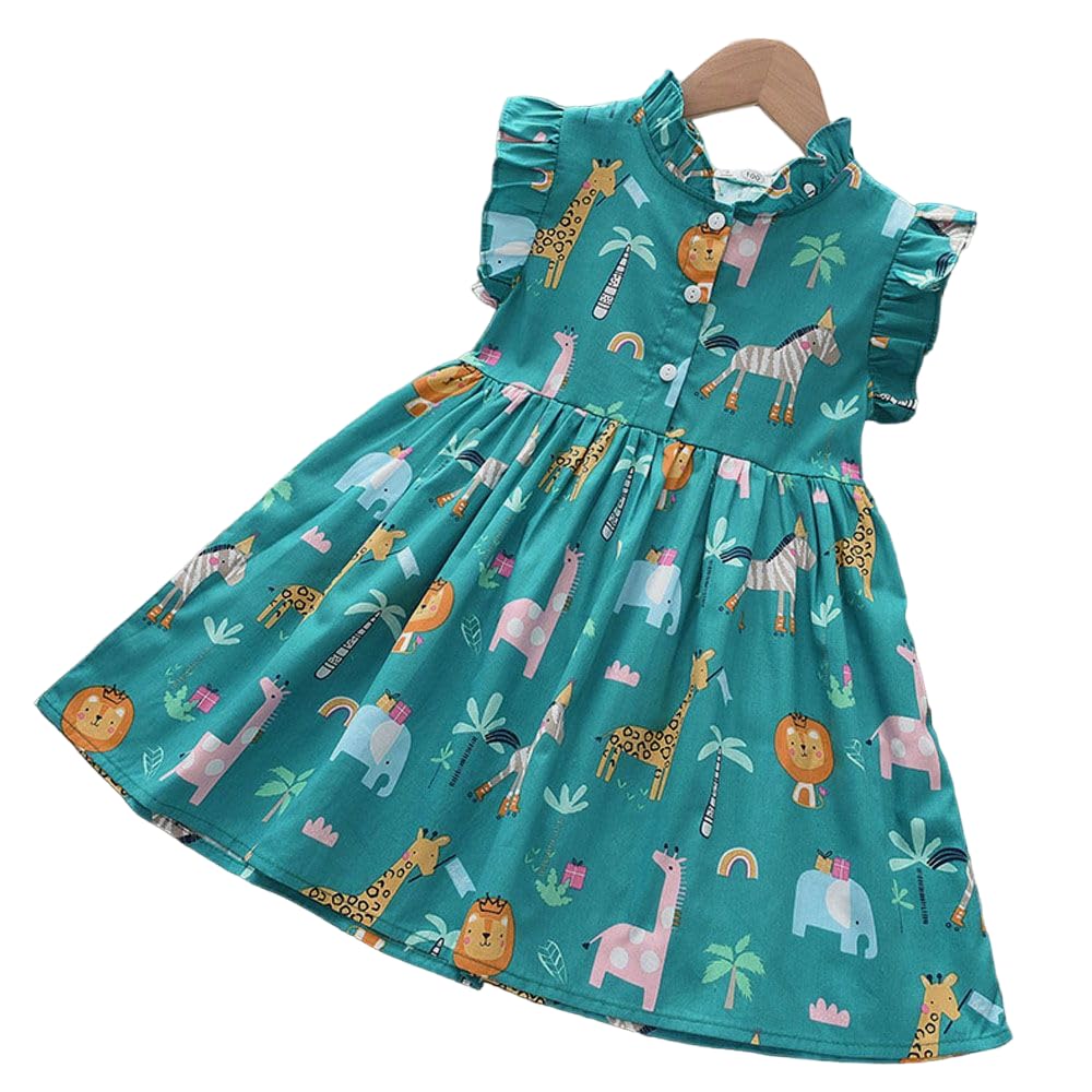 TAGAS Toddler Girls Ruffle Trim Cartoon Graphic Dress (4-5 Years) Blue