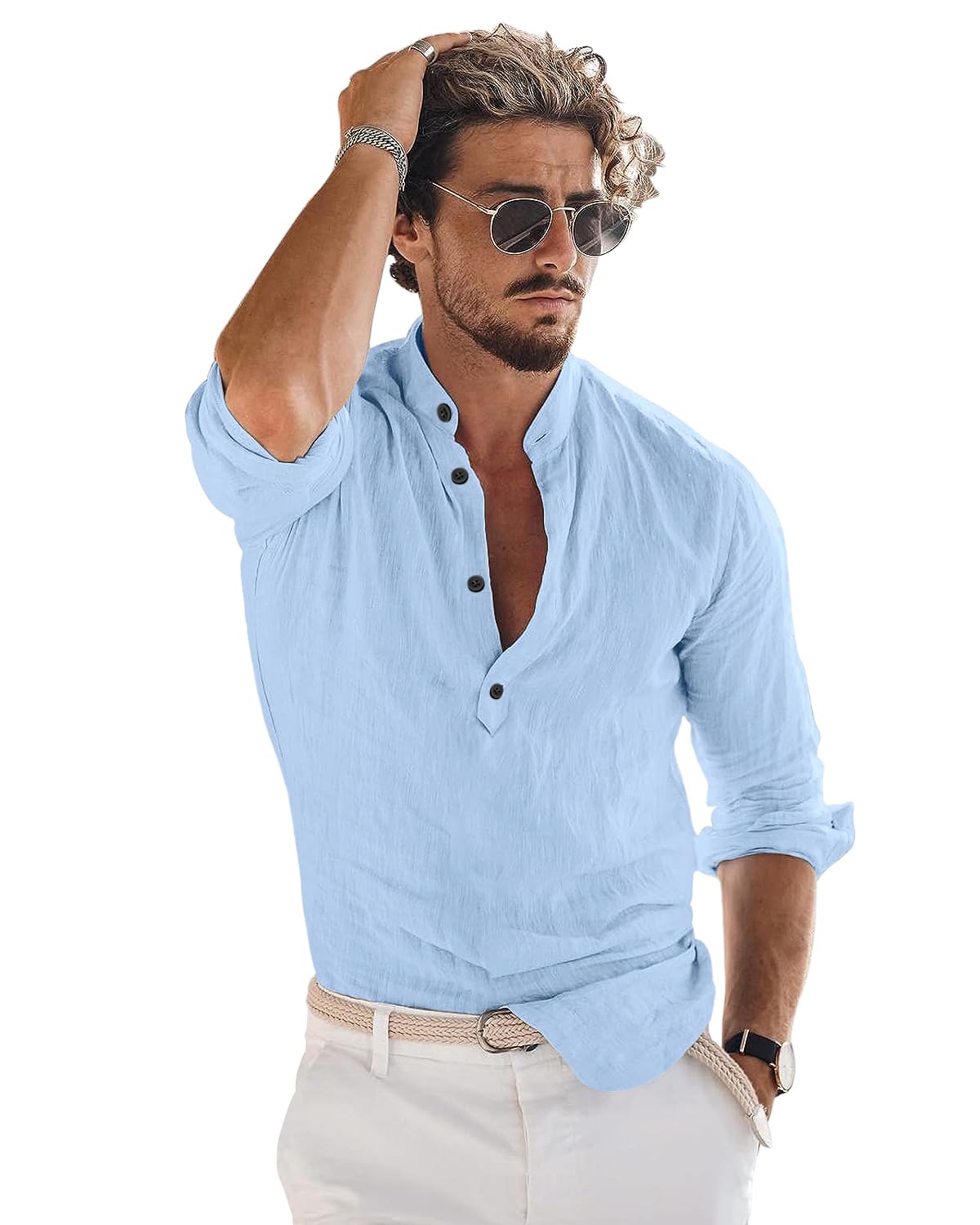 Bellstone Men's Solid Regular Fit Shirt (KURTA1600_Sky Blue_XL - Image 5