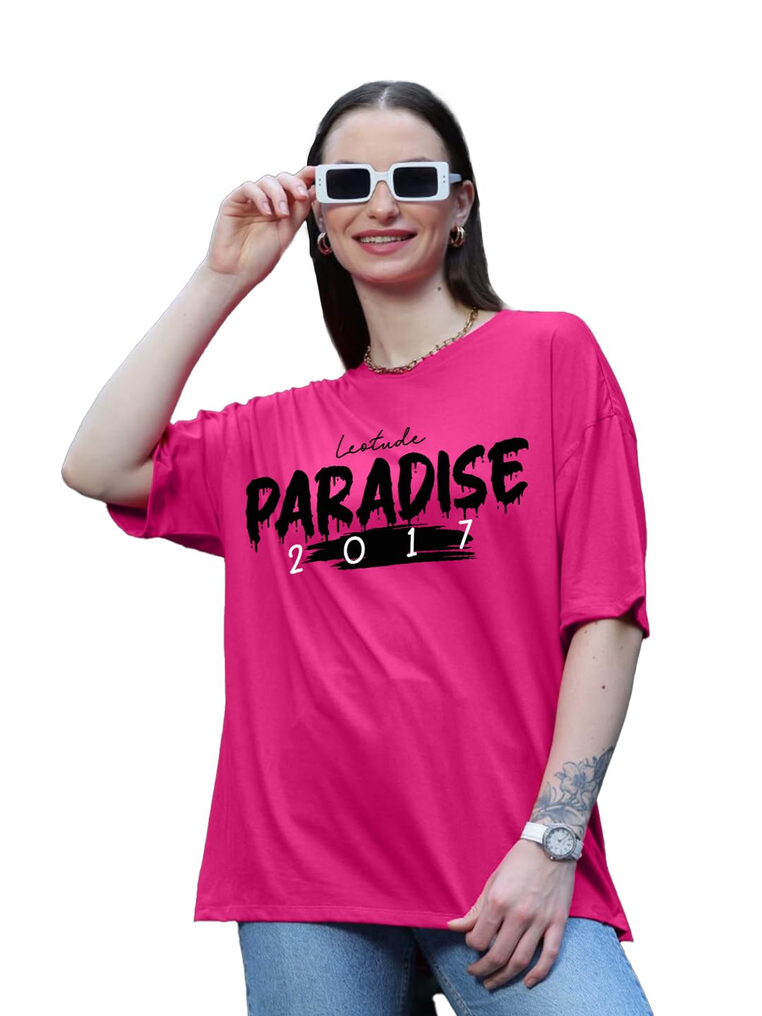 LEOTUDE Oversized Round Neck Women's T-Shirts (FS49_Pink_PRDS_P_Pink_S) - Image 4