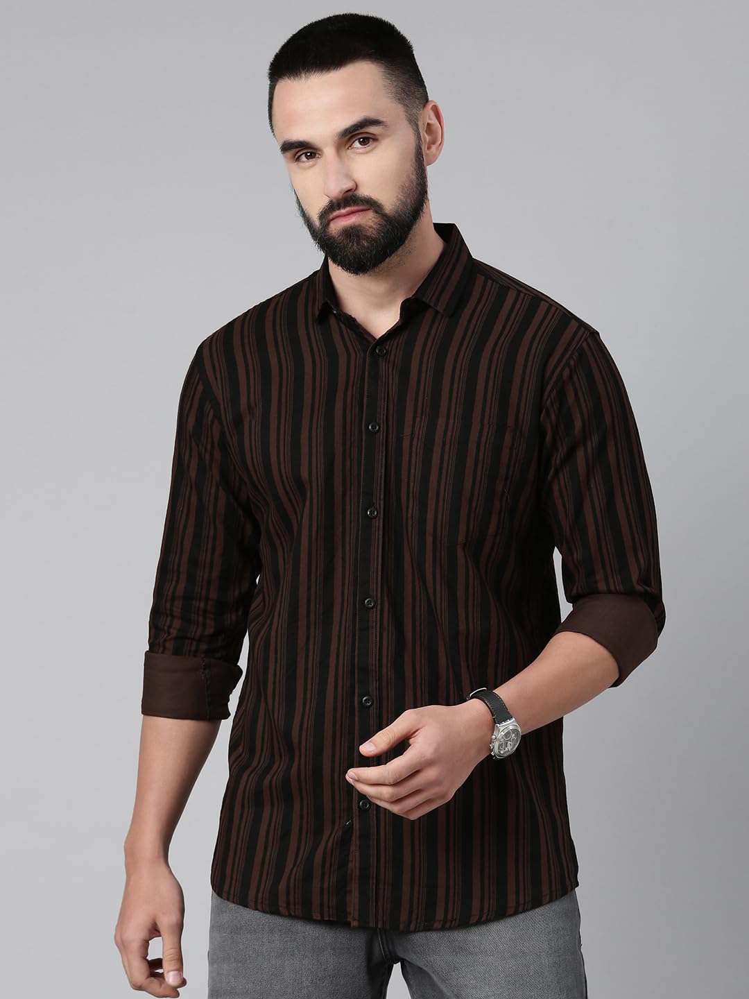 Majestic Man Standard Slim Fit Striped Pure Cotton Casual Shirt (Brown, X-Large, Men) - Image 7