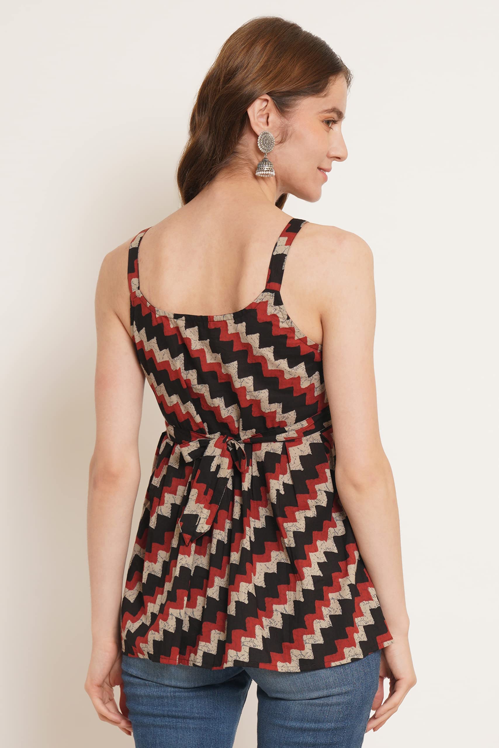 COTLAND Fashions Jaipuri Cotton Printed Strappy Sleeveless Classic Fit Top For Women (Midnight Zig-Zags), XS,Multicolor - Image 7