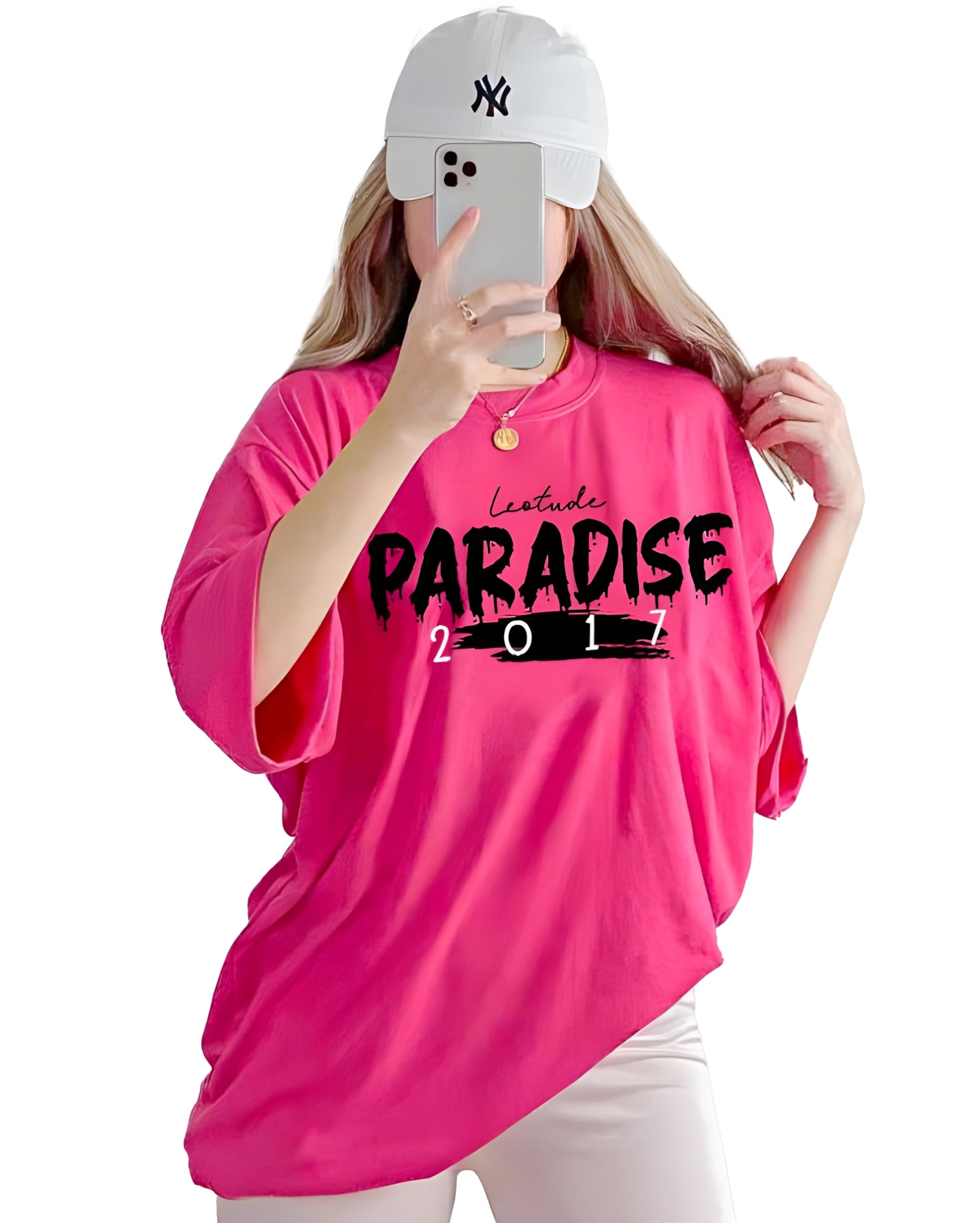 LEOTUDE Oversized Round Neck Women's T-Shirts (FS49_Pink_PRDS_P_Pink_S)