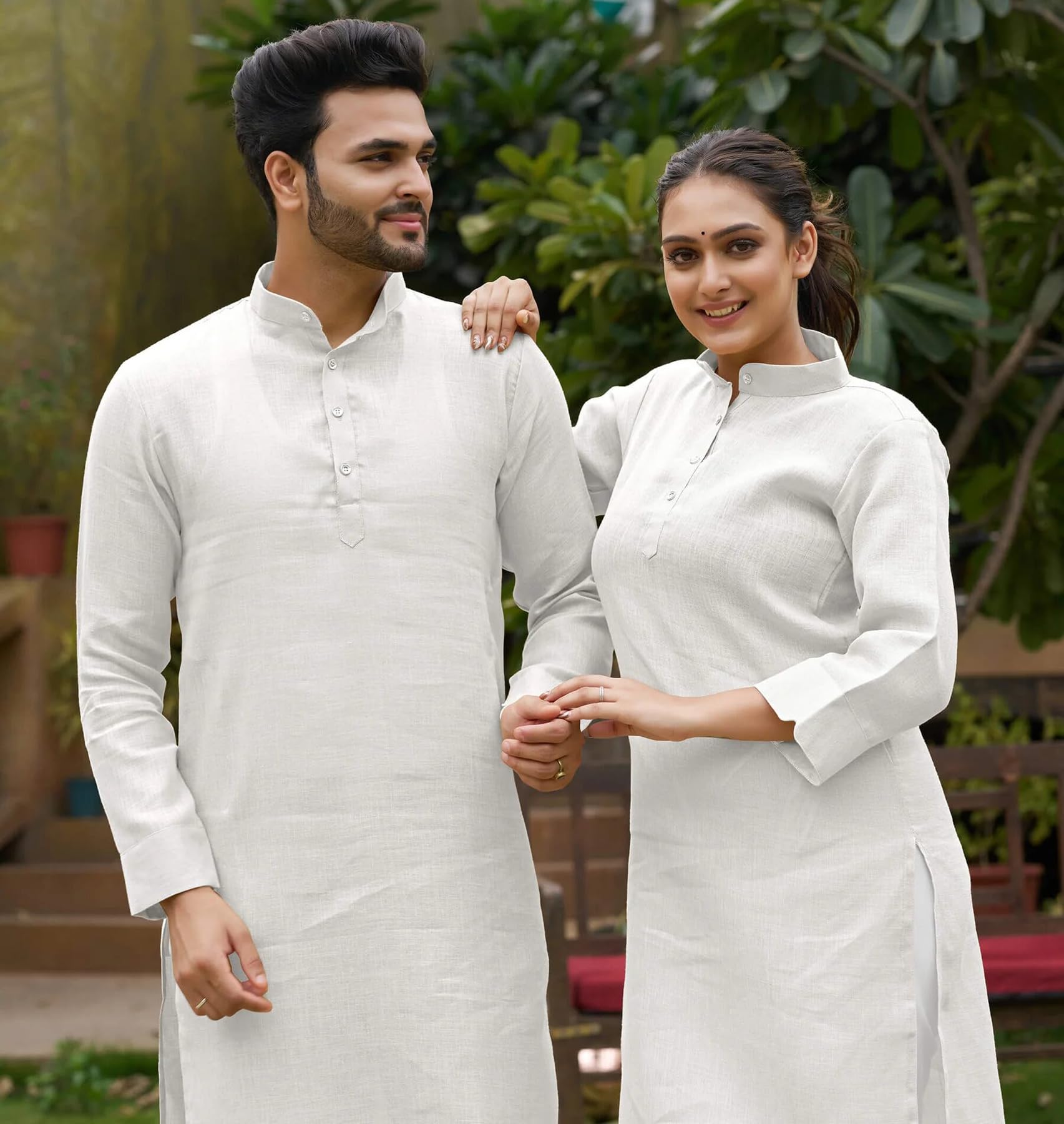 Fashion Galleria Cotton Blend Fabric Mens and Womens Kurta and Couple Kurti Dress 2 pcs Combo (White, Men - XXL/Women - L) - Image 5