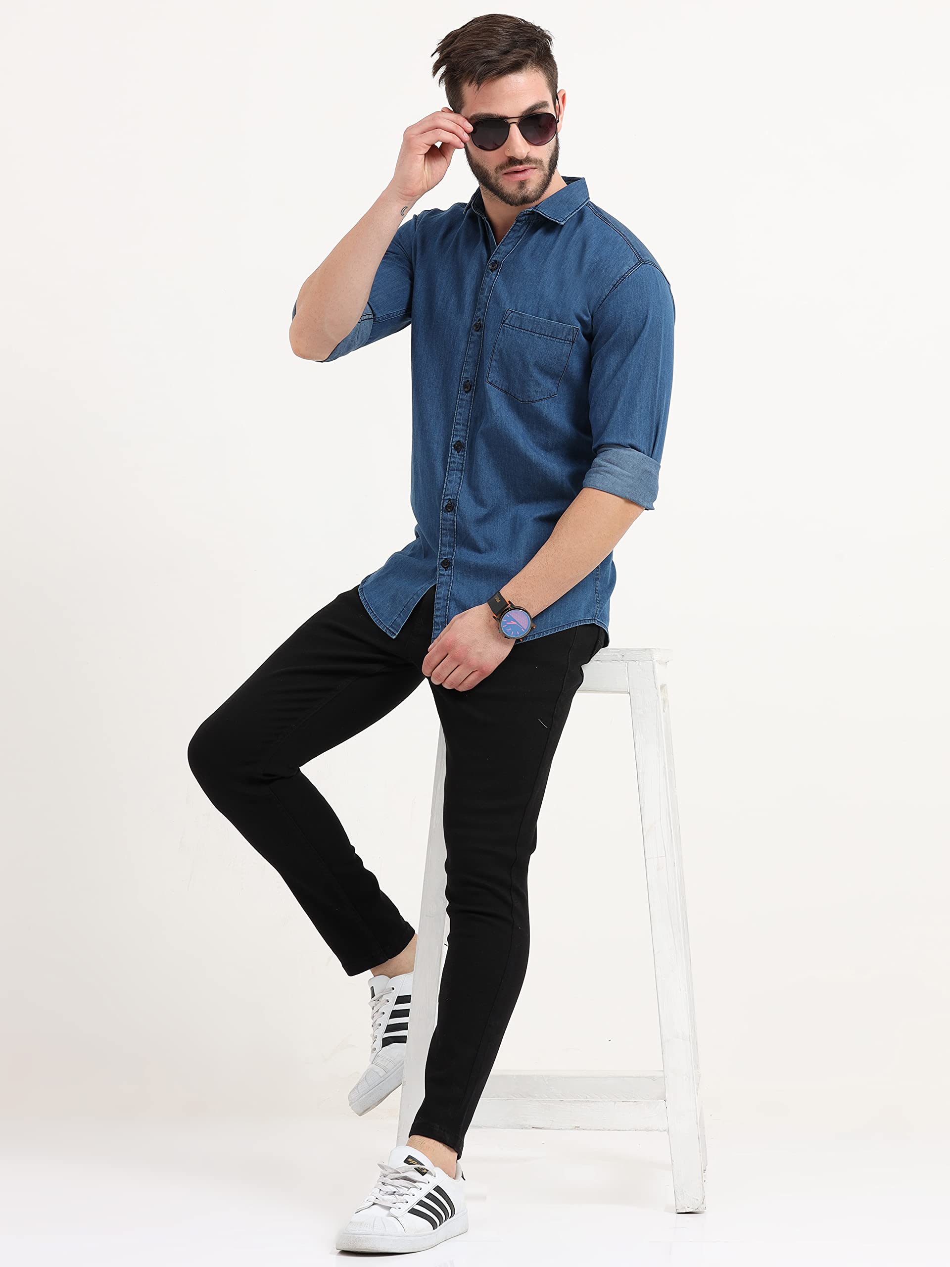 Miraan Men's Casual Light-Blue Denim Shirt (SIGLIGHTDENIMXXL_Light Blue_XX-Large) - Image 3