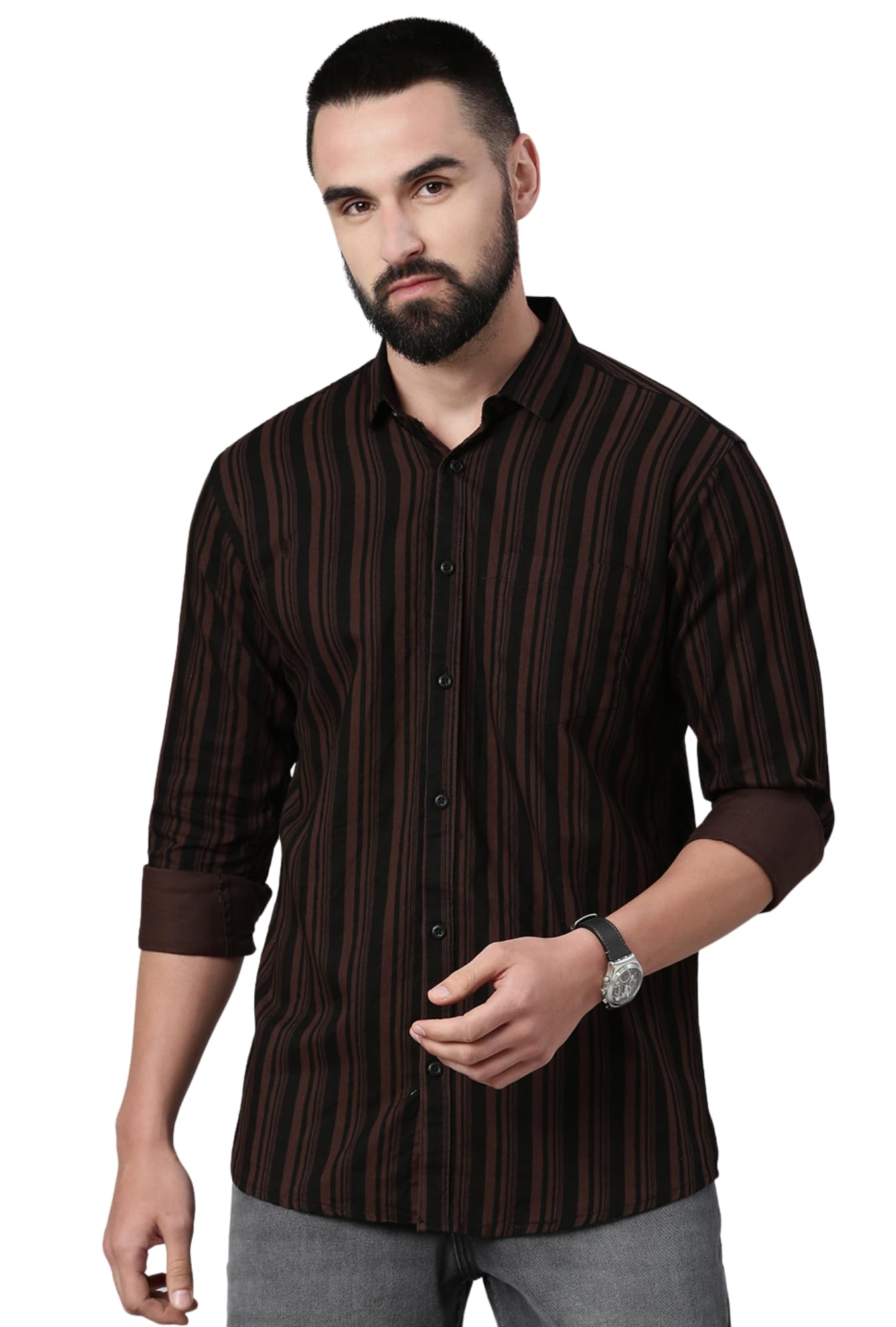 Majestic Man Standard Slim Fit Striped Pure Cotton Casual Shirt (Brown, X-Large, Men)