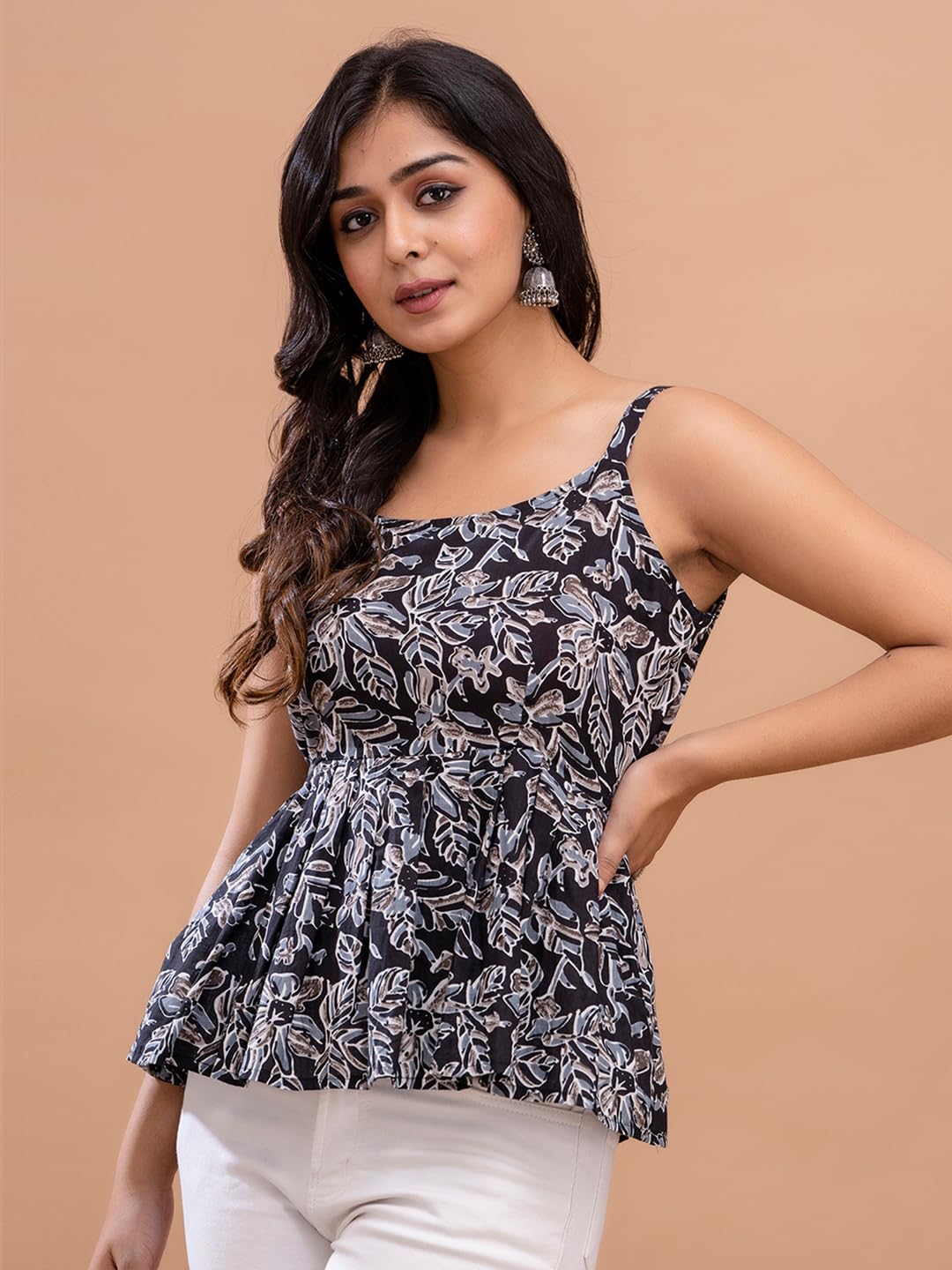 feranoid Women Cotton Printed Sleeveless Strap Peplum Top - Image 2