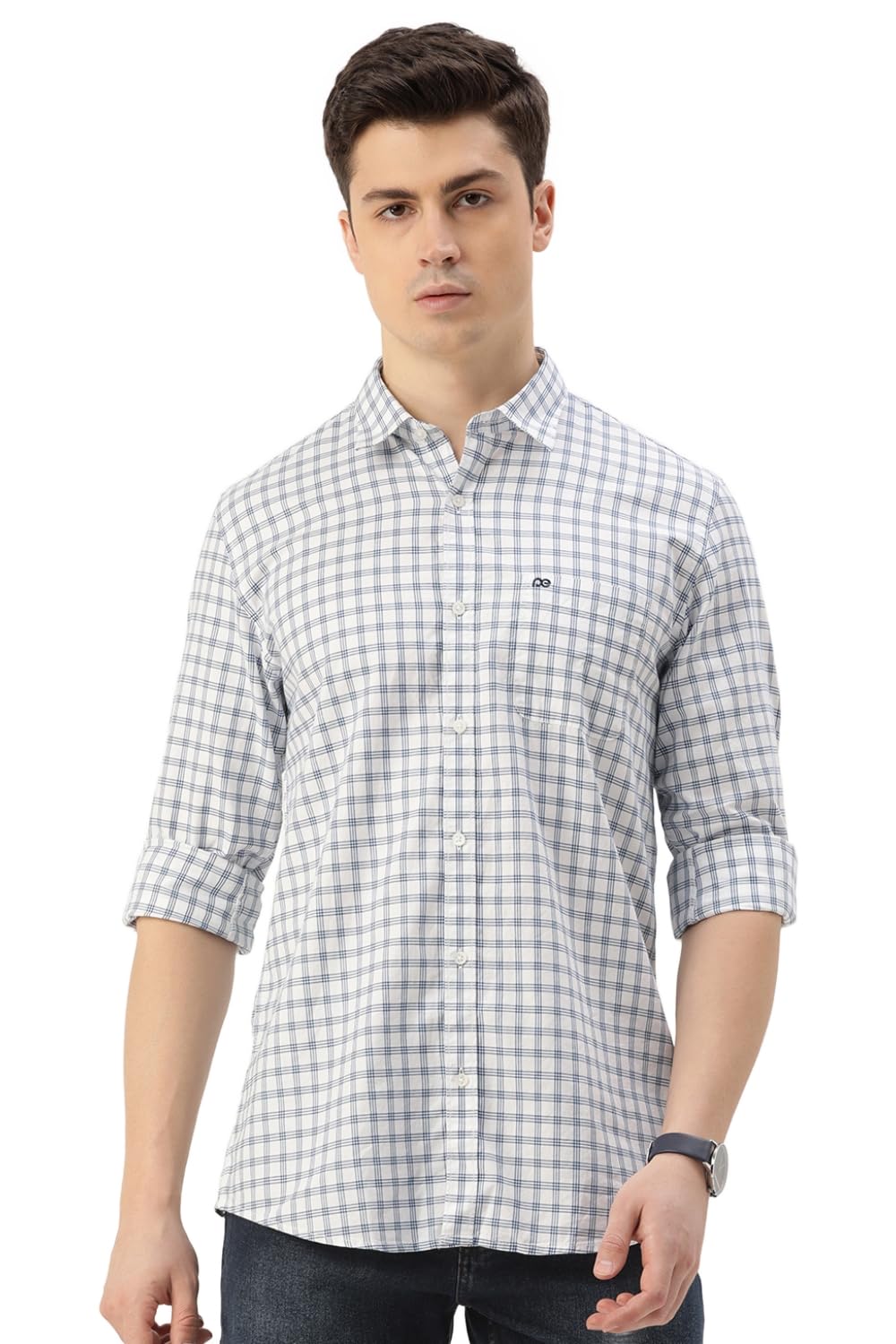 Peter England Men's Slim Fit Full Sleeve Checkered Casual Shirt | 100% Cotton | Premium Twill Weave White