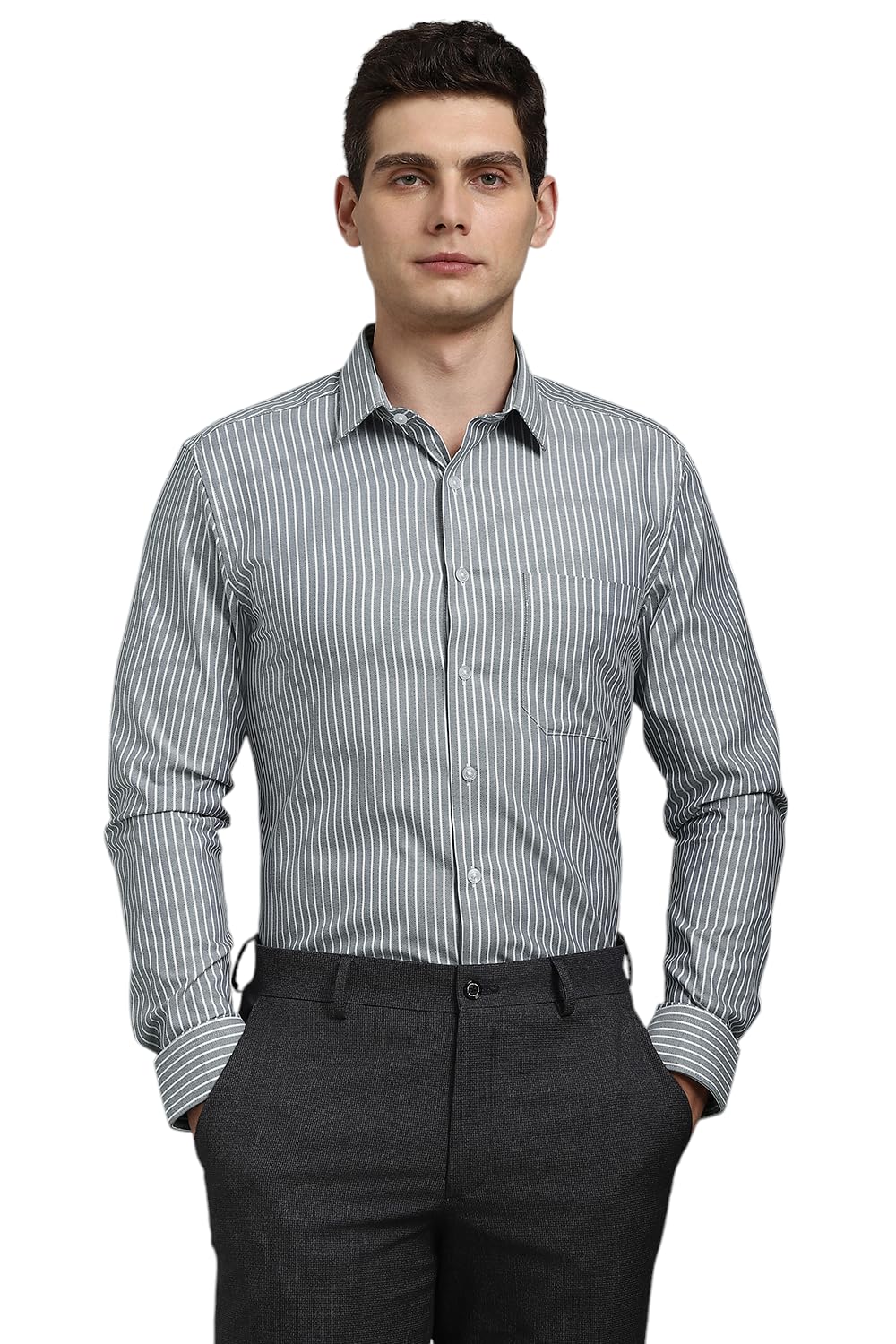 Louis Philippe Men's Striped Slim Fit Shirt (LPSFMSLPR30093_Grey