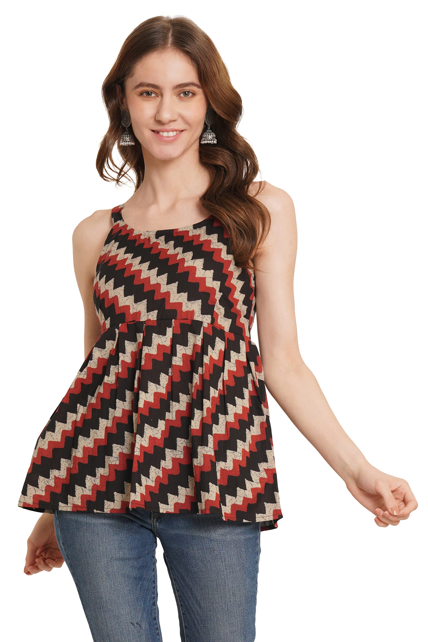 COTLAND Fashions Jaipuri Cotton Printed Strappy Sleeveless Classic Fit Top For Women (Midnight Zig-Zags), XS,Multicolor