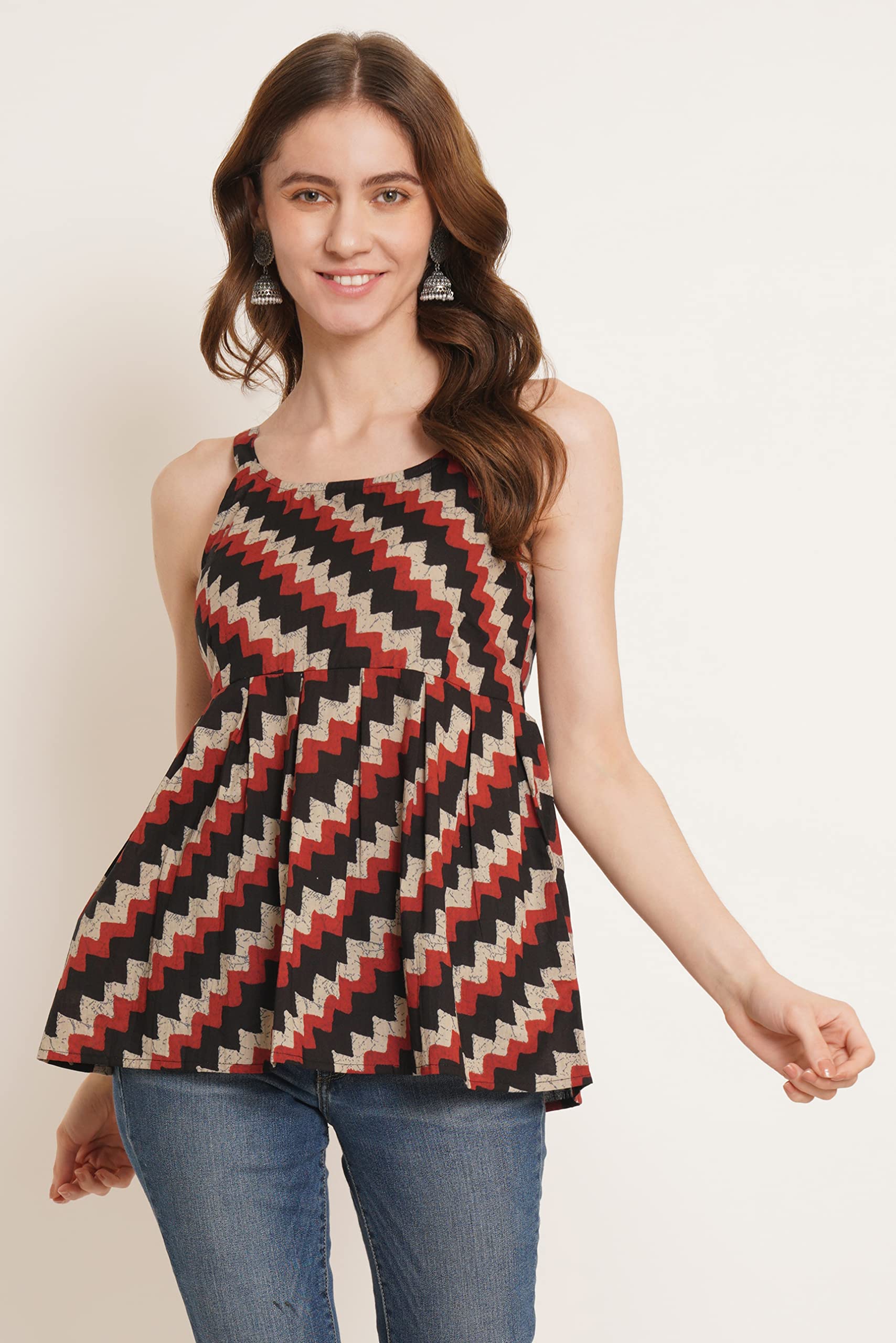 COTLAND Fashions Jaipuri Cotton Printed Strappy Sleeveless Classic Fit Top For Women (Midnight Zig-Zags), XS,Multicolor - Image 4