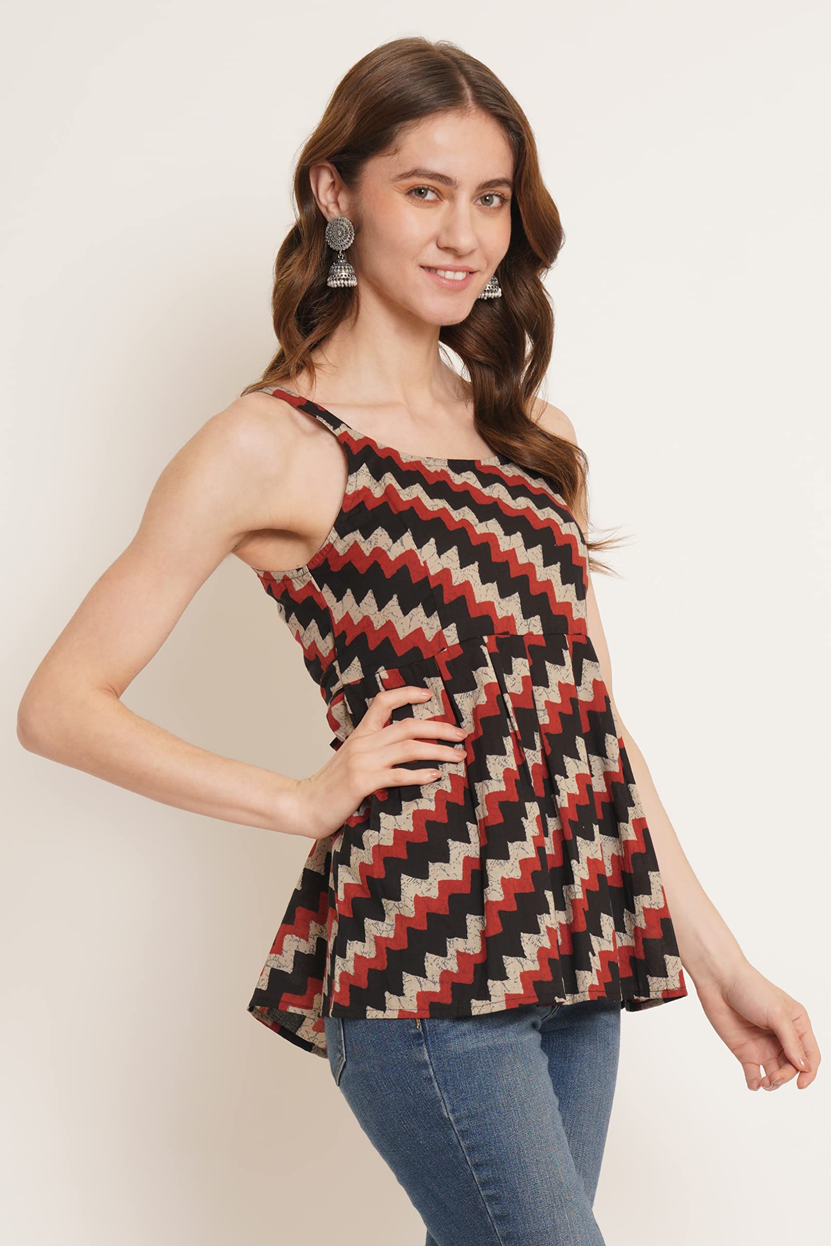 COTLAND Fashions Jaipuri Cotton Printed Strappy Sleeveless Classic Fit Top For Women (Midnight Zig-Zags), XS,Multicolor - Image 5