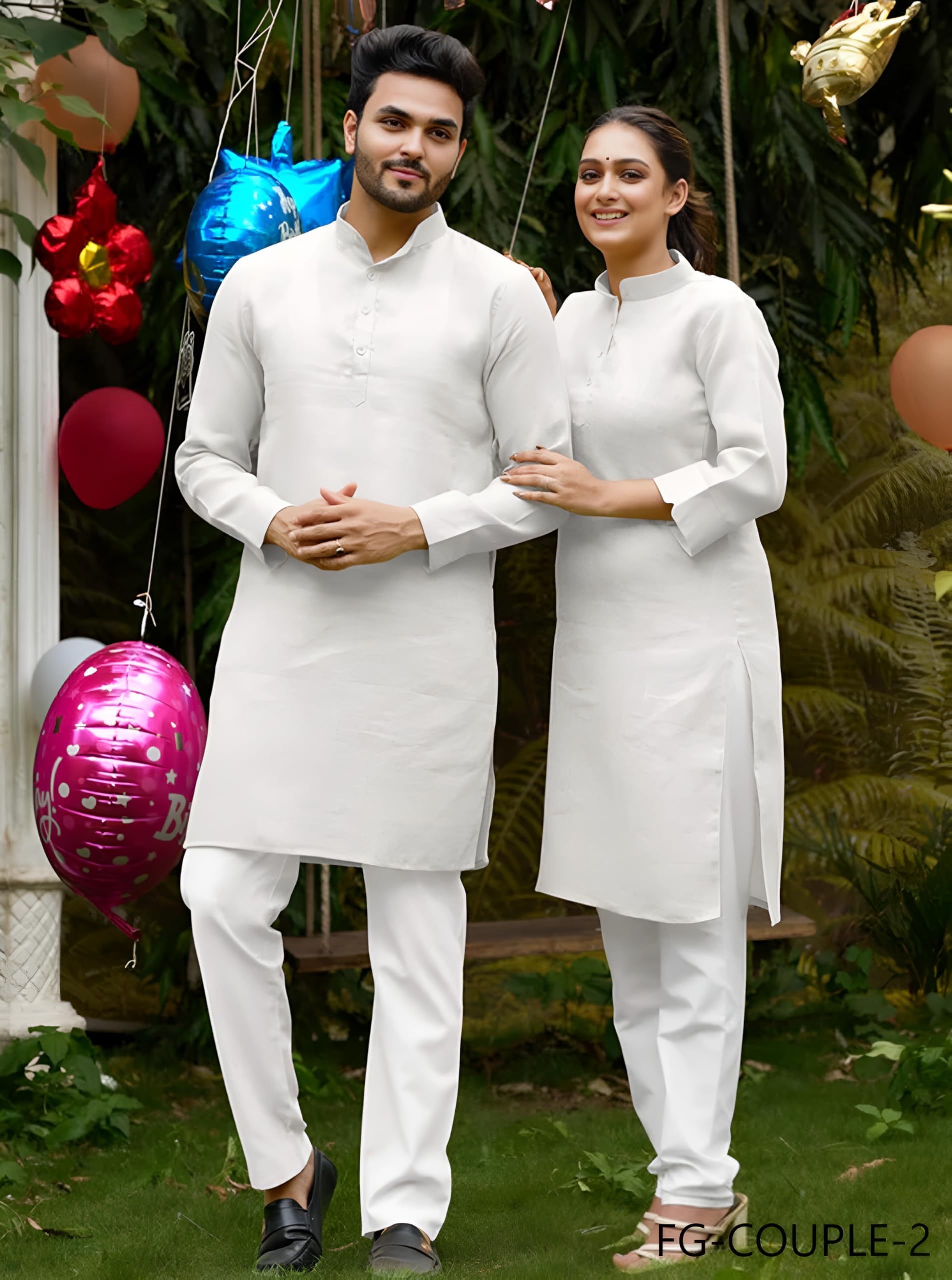 Fashion Galleria Cotton Blend Fabric Mens and Womens Kurta and Couple Kurti Dress 2 pcs Combo (White, Men - XXL/Women - L) - Image 6