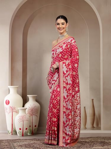 KISHORI Womens Pure Banarasi Silk Saree with Bandhani & Floral Zari Weaving with Unstitched Blouse - Image 4