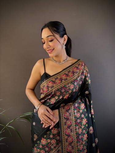 Mansoor akhtar Womens Silk Saree with Zari Woven Saree With Blouse Piece. (BLACK SAREE -4) - Image 3