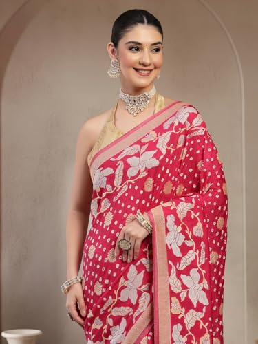 KISHORI Womens Pure Banarasi Silk Saree with Bandhani & Floral Zari Weaving with Unstitched Blouse - Image 3