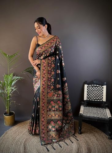 Mansoor akhtar Womens Silk Saree with Zari Woven Saree With Blouse Piece. (BLACK SAREE -4) - Image 5