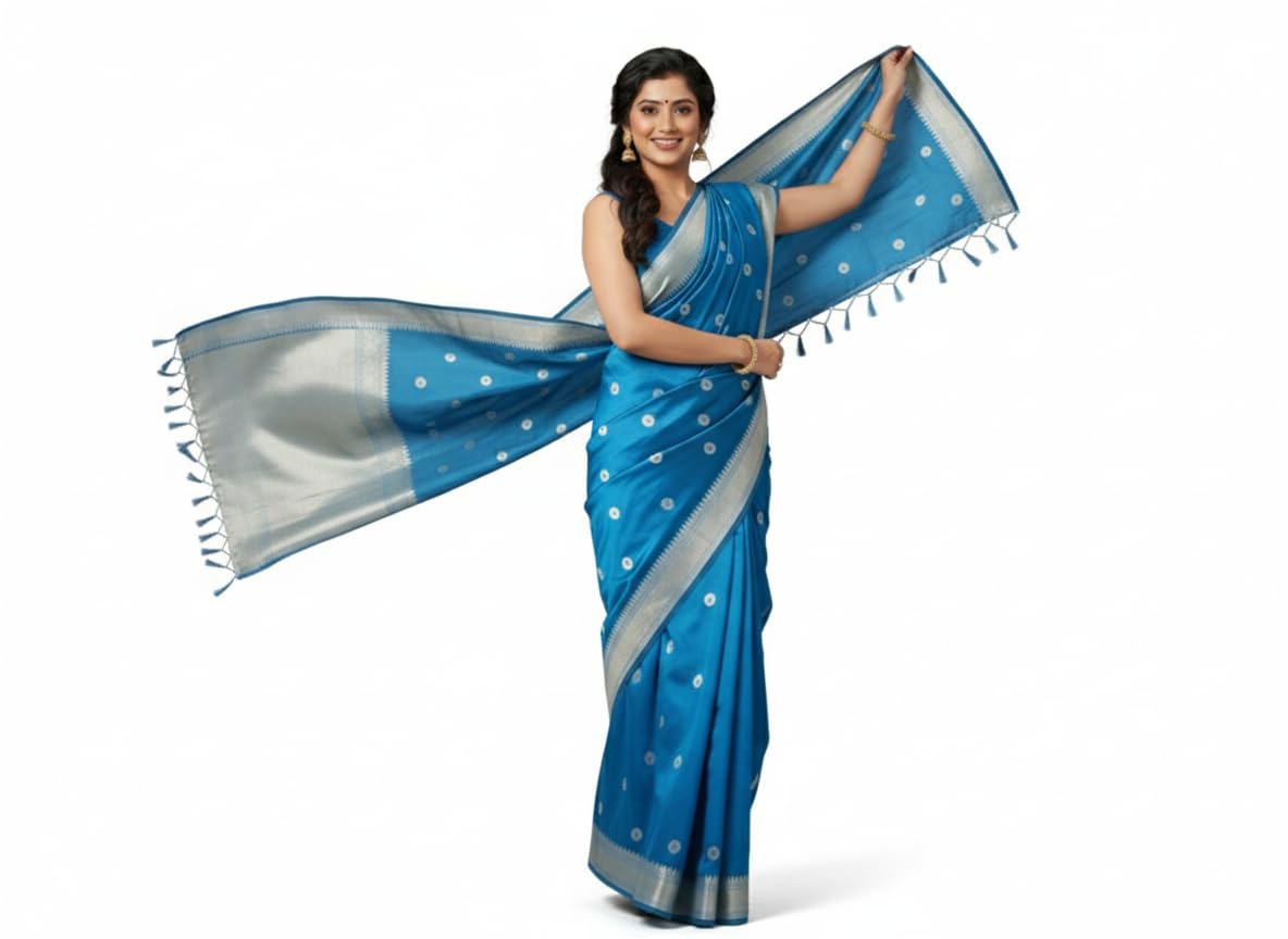 Traditional Banarasi Silk Saree, Blue with Silver Border, Polka Dot Pattern, Tasseled Pallu - Image 8