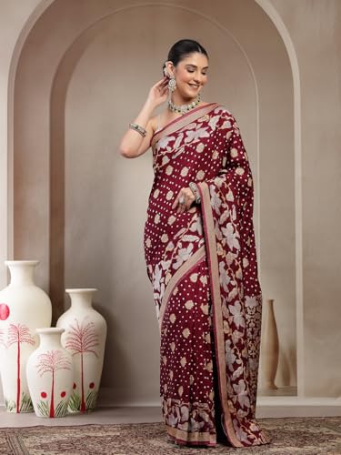 KISHORI Womens Pure Banarasi silk Saree with Bandhani & Floral Zari Weaving with Unstitched Blouse - Image 8