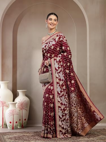 KISHORI Womens Pure Banarasi silk Saree with Bandhani & Floral Zari Weaving with Unstitched Blouse - Image 4