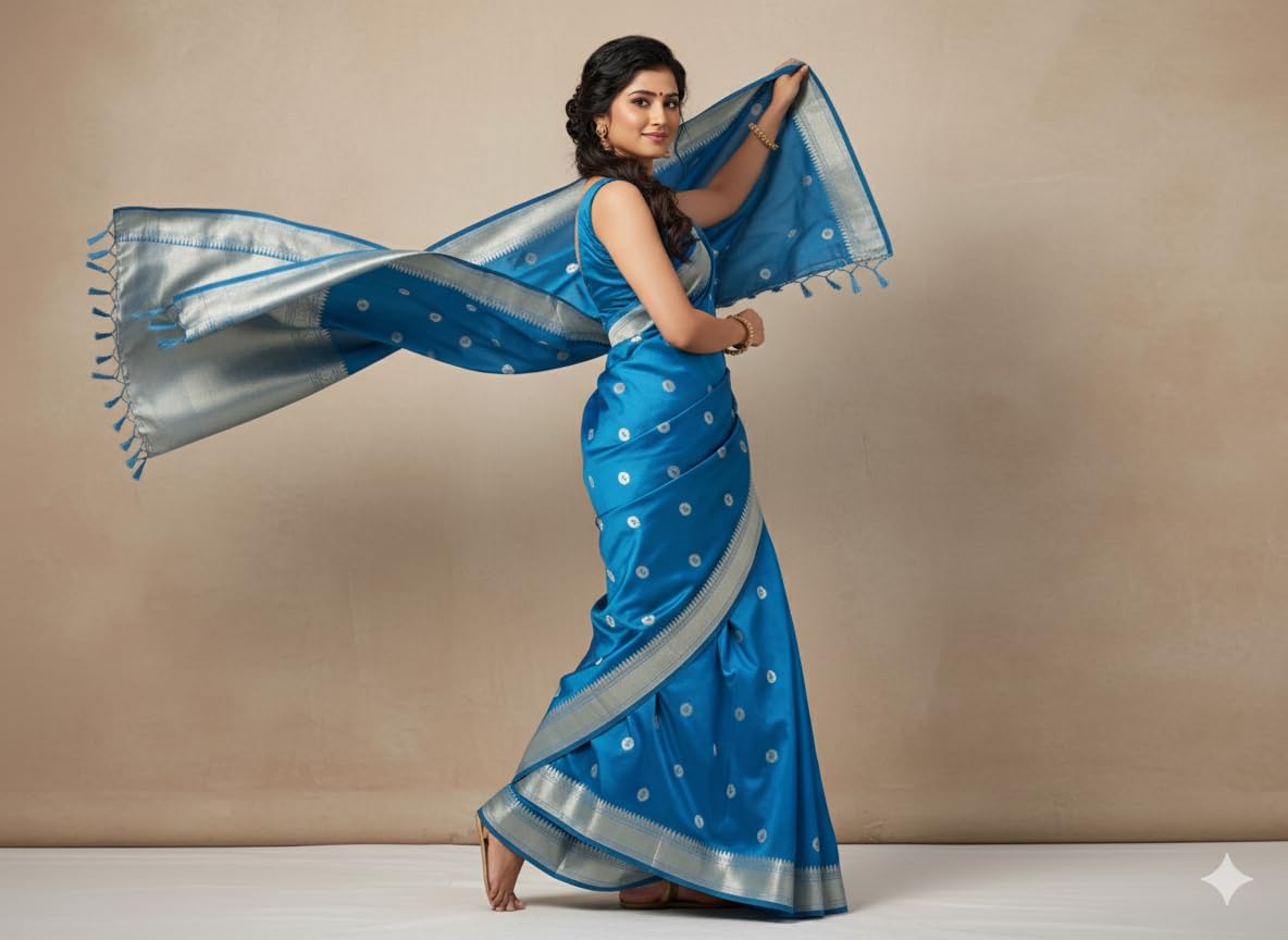 Traditional Banarasi Silk Saree, Blue with Silver Border, Polka Dot Pattern, Tasseled Pallu - Image 11