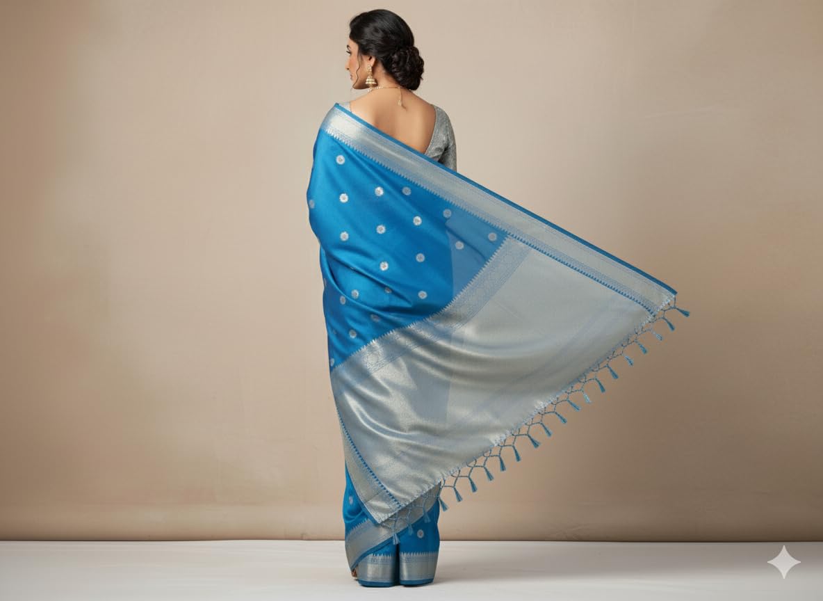 Traditional Banarasi Silk Saree, Blue with Silver Border, Polka Dot Pattern, Tasseled Pallu