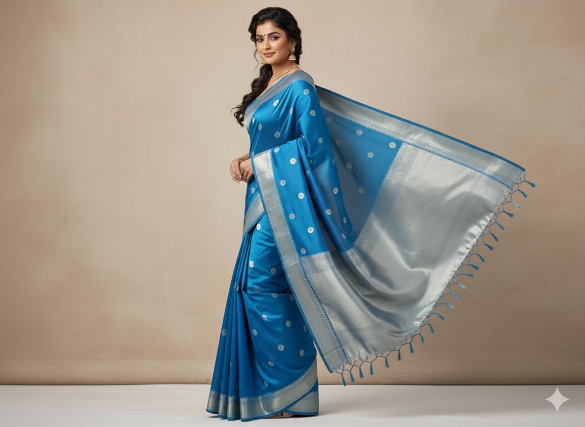 Traditional Banarasi Silk Saree, Blue with Silver Border, Polka Dot Pattern, Tasseled Pallu - Image 10