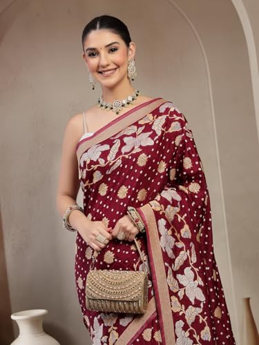 KISHORI Womens Pure Banarasi silk Saree with Bandhani & Floral Zari Weaving with Unstitched Blouse - Image 3