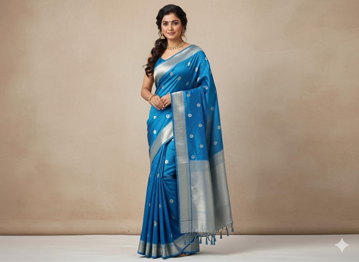 Traditional Banarasi Silk Saree, Blue with Silver Border, Polka Dot Pattern, Tasseled Pallu - Image 7