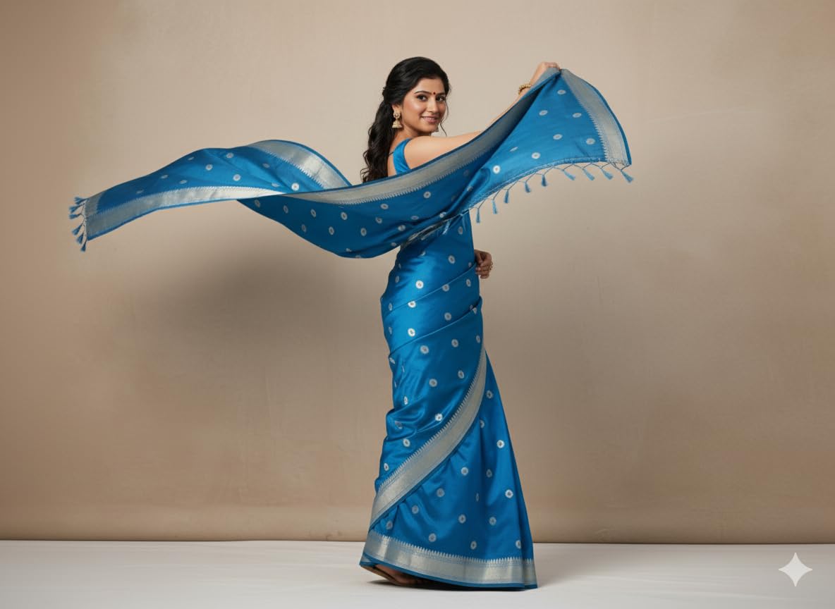 Traditional Banarasi Silk Saree, Blue with Silver Border, Polka Dot Pattern, Tasseled Pallu - Image 2