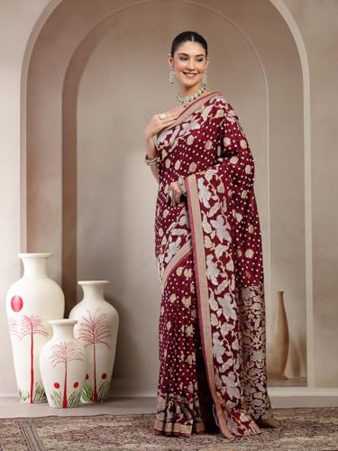 KISHORI Womens Pure Banarasi silk Saree with Bandhani & Floral Zari Weaving with Unstitched Blouse - Image 5