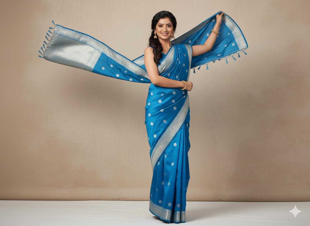 Traditional Banarasi Silk Saree, Blue with Silver Border, Polka Dot Pattern, Tasseled Pallu - Image 3