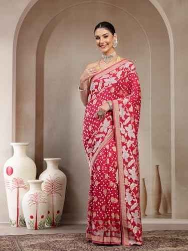 KISHORI Womens Pure Banarasi Silk Saree with Bandhani & Floral Zari Weaving with Unstitched Blouse - Image 8