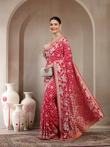 KISHORI Womens Pure Banarasi Silk Saree with Bandhani & Floral Zari Weaving with Unstitched Blouse - Image 7